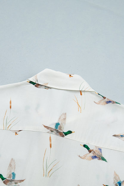 White Mallard Printed Button Flap Pocket Short Sleeve Shirt