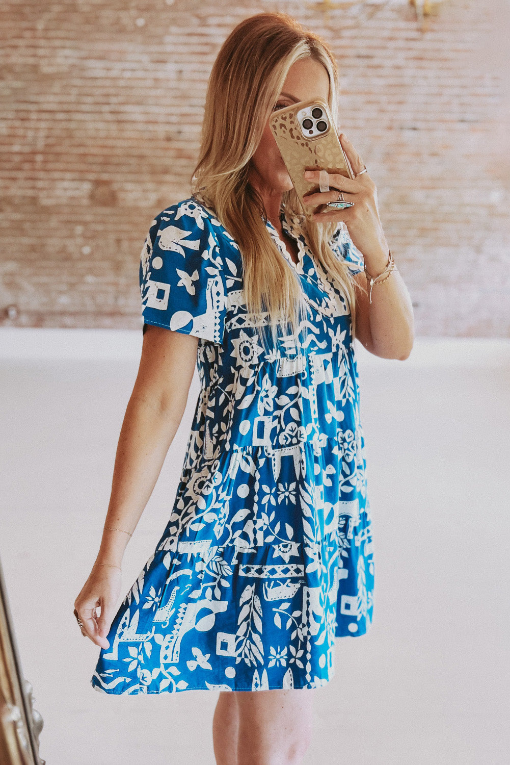Blue Split V Neck Babydoll Flared Mini Dress - Cowaa