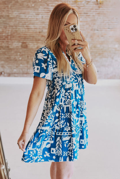 Blue Split V Neck Babydoll Flared Mini Dress - Cowaa