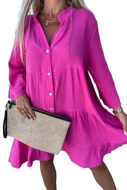 Rose Crinkled Tiered Split Neck Shirt Dress - Cowaa