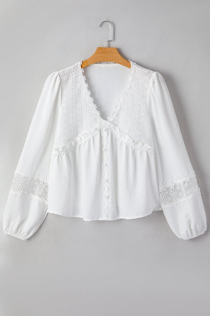 White Solid Color Floral Guipure Lace Patchwork Frilled Long Sleeve Blouse - Cowaa