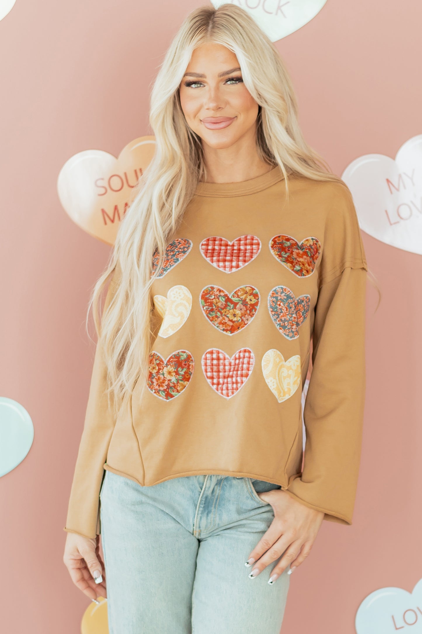 Straw Yellow Plaid Floral Heart Stitched Exposed Seam Mineral Wash Sweatshirt