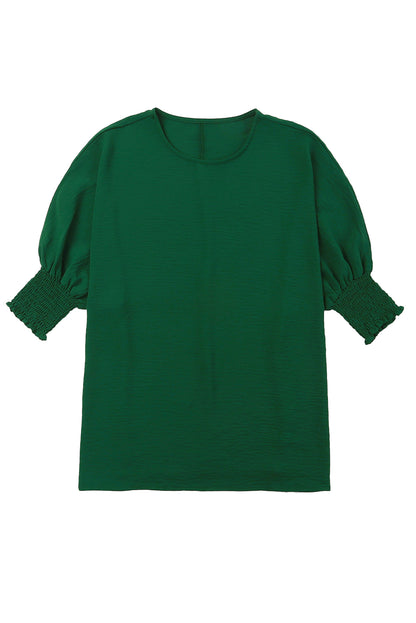 Apricot Solid Casual Smocked Cuffs Batwing Sleeve Blouse - Cowaa