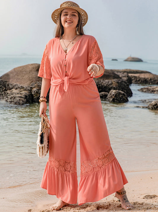 Plus Size Button Up Half Sleeve Top & Pants Set - Cowaa