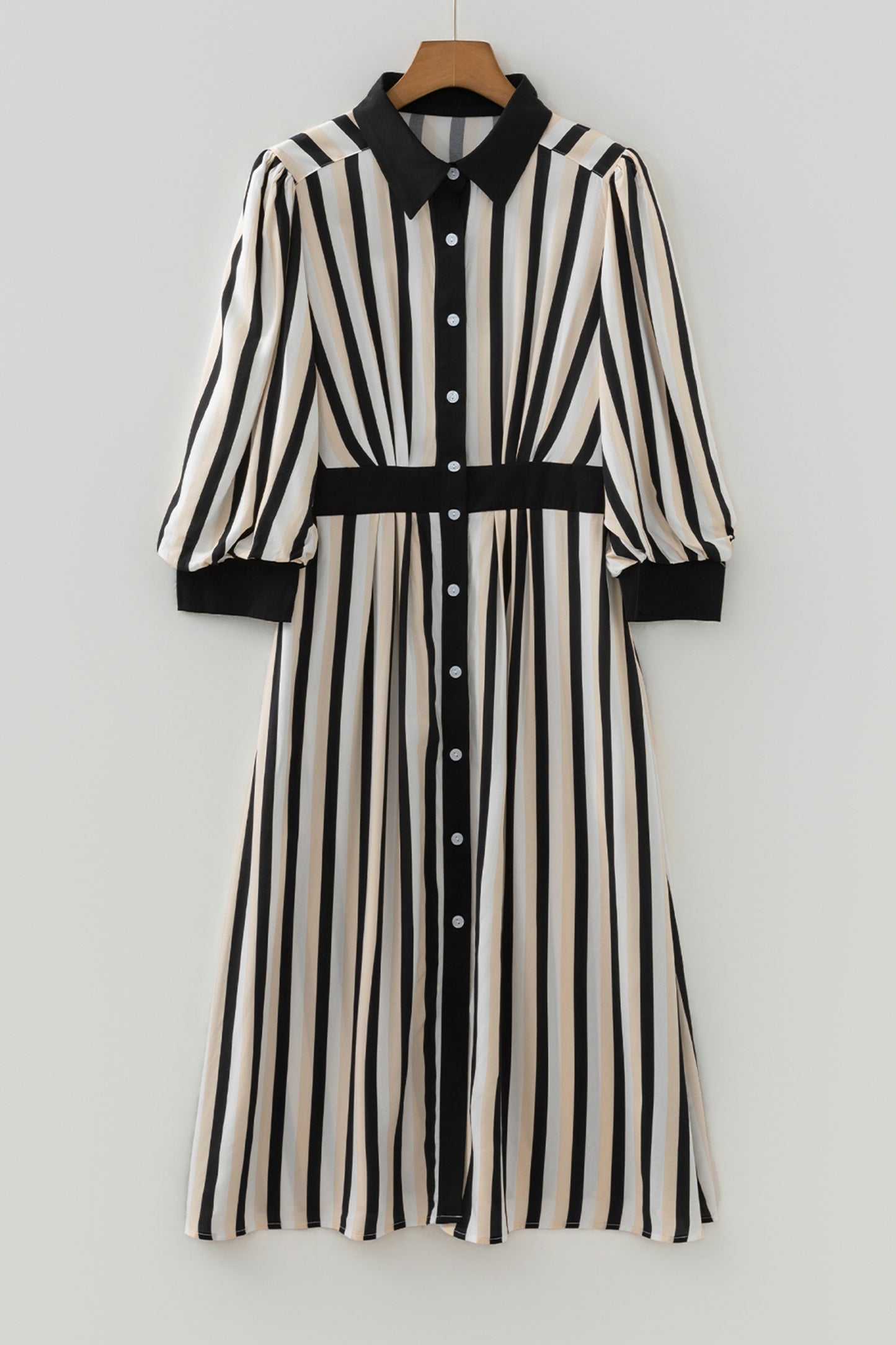 Black Stripe 3/4 Puff Sleeve Shirt Style Button Down Midi Dress - Cowaa