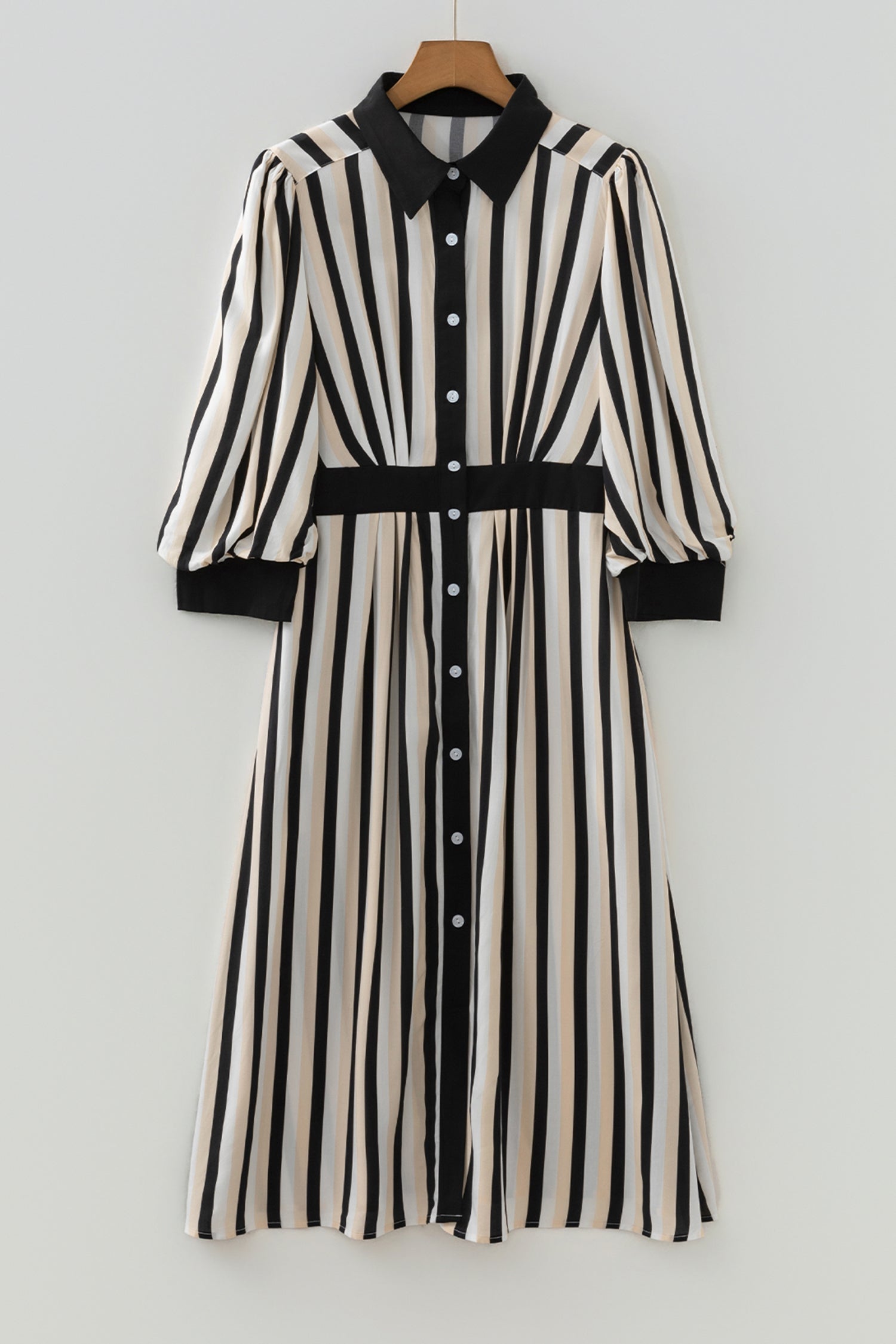 Black Stripe 3/4 Puff Sleeve Shirt Style Button Down Midi Dress - Cowaa