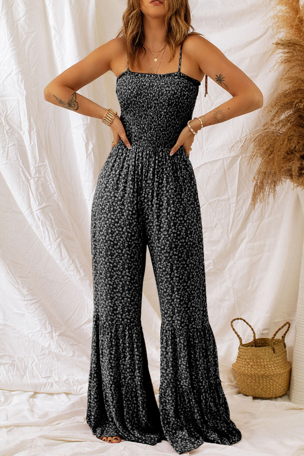 Black Floral Thin Straps Smocked Bodice Wide Leg Jumpsuit - Cowaa