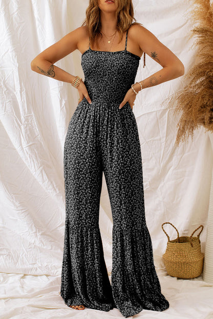 Black Floral Thin Straps Smocked Bodice Wide Leg Jumpsuit - Cowaa