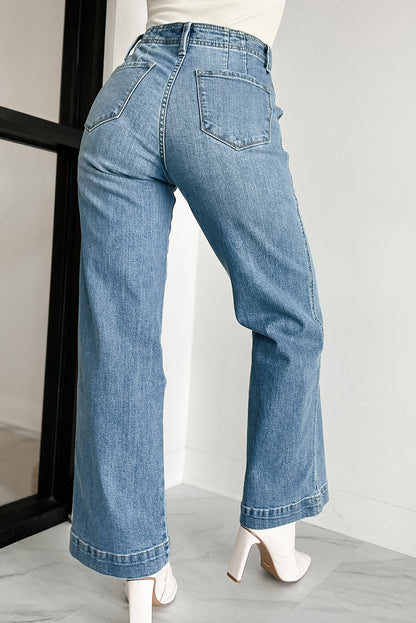 Dusk Blue Multi Button Waist Wash Straight Leg Jeans - Cowaa