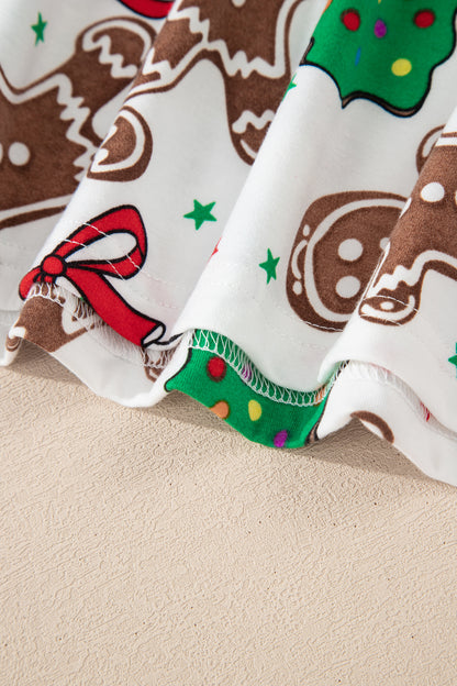 White Christmas Pattern Button V Neck Pullover Drawstring Pants 2pcs Lounge Set