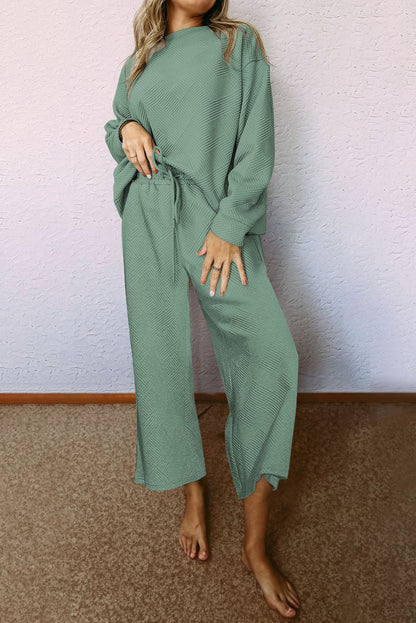 Strawberry Pink Textured Loose Slouchy Long Sleeve Top and Pants Set - Cowaa