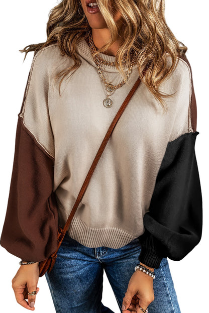 Bishop Sleeve Exposed Seam Ribbed Trim Sweater - Cowaa
