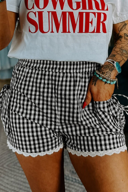 Black Gingham Lace Trim Shorts with Pouch Pockets - Cowaa