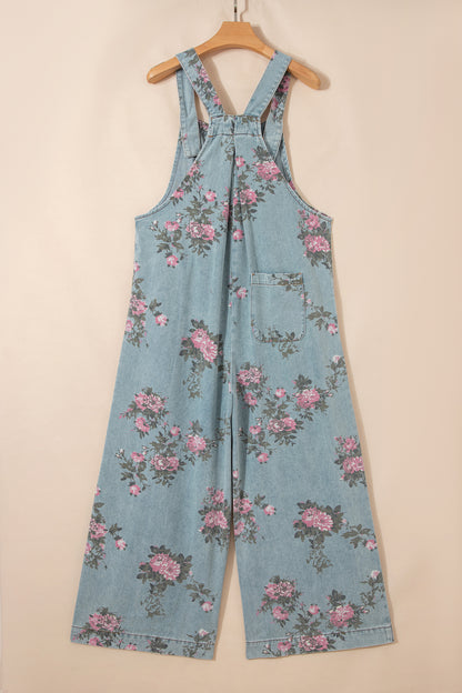 Gray Beau Floral Print Pleated High Waist Wide Leg Denim Jumpsuit