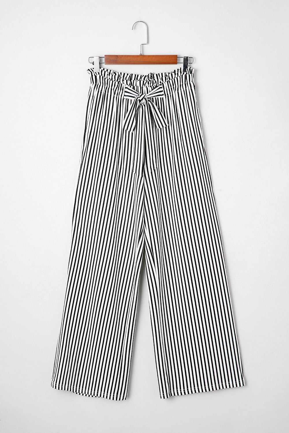 Black Stripe Tied High Waist Loose Straight Casual Pants - Cowaa