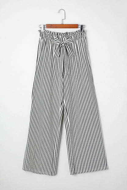 Black Stripe Tied High Waist Loose Straight Casual Pants - Cowaa