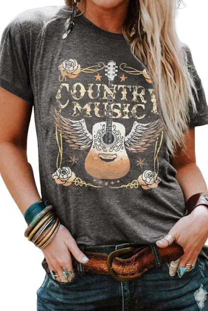 Gray COUNTRY MUSIC Guitar Graphic Print Crew Neck T Shirt - Cowaa