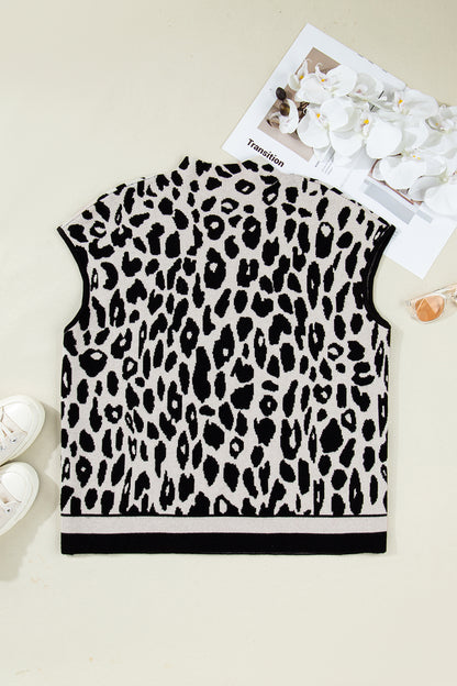 Black Plus Size Leopard Print High Neck Short Sleeve Sweater - Cowaa