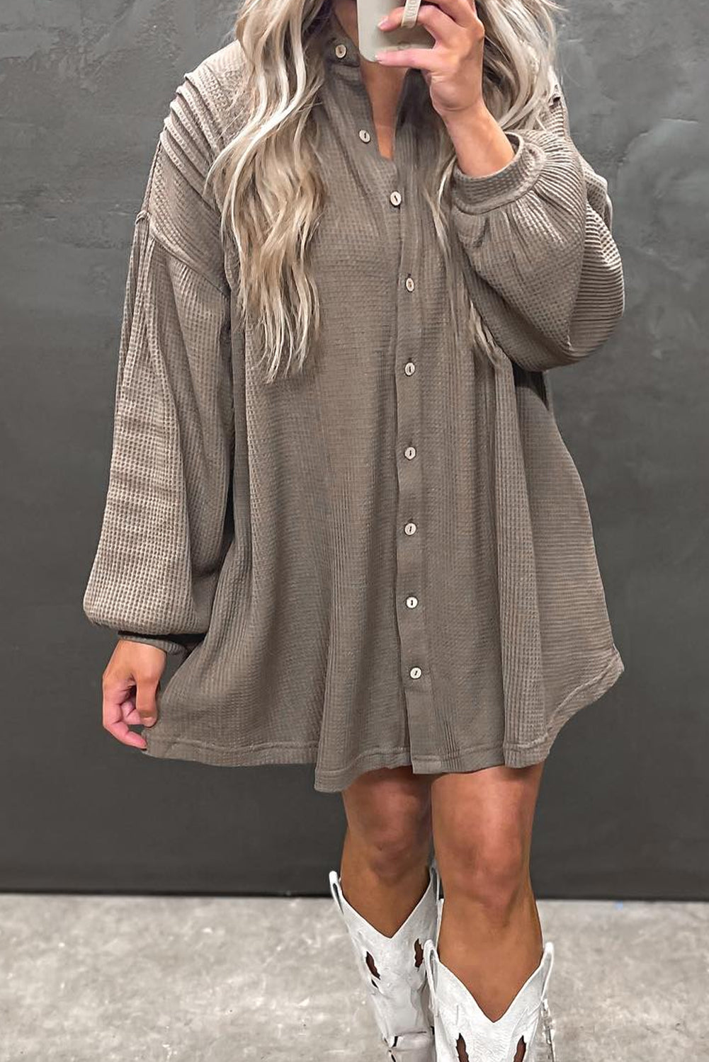 Simply Taupe Waffle Knit Shirt Tunic Mini Dress - Cowaa