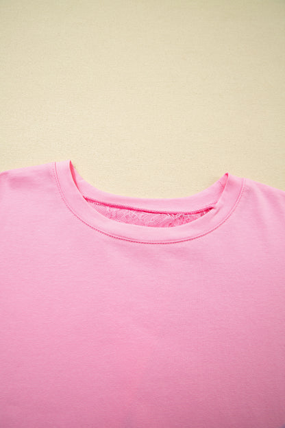 Pink Eyelash Floral Lace Patchwork Half Sleeve Oversize Tee