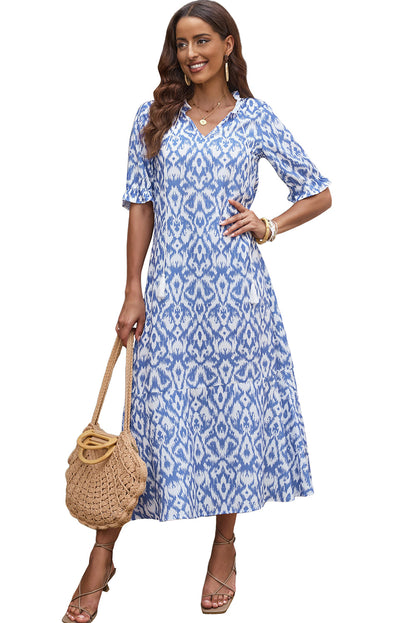 Sky Blue Geometric Print Casual V Neck Maxi Dress - Cowaa