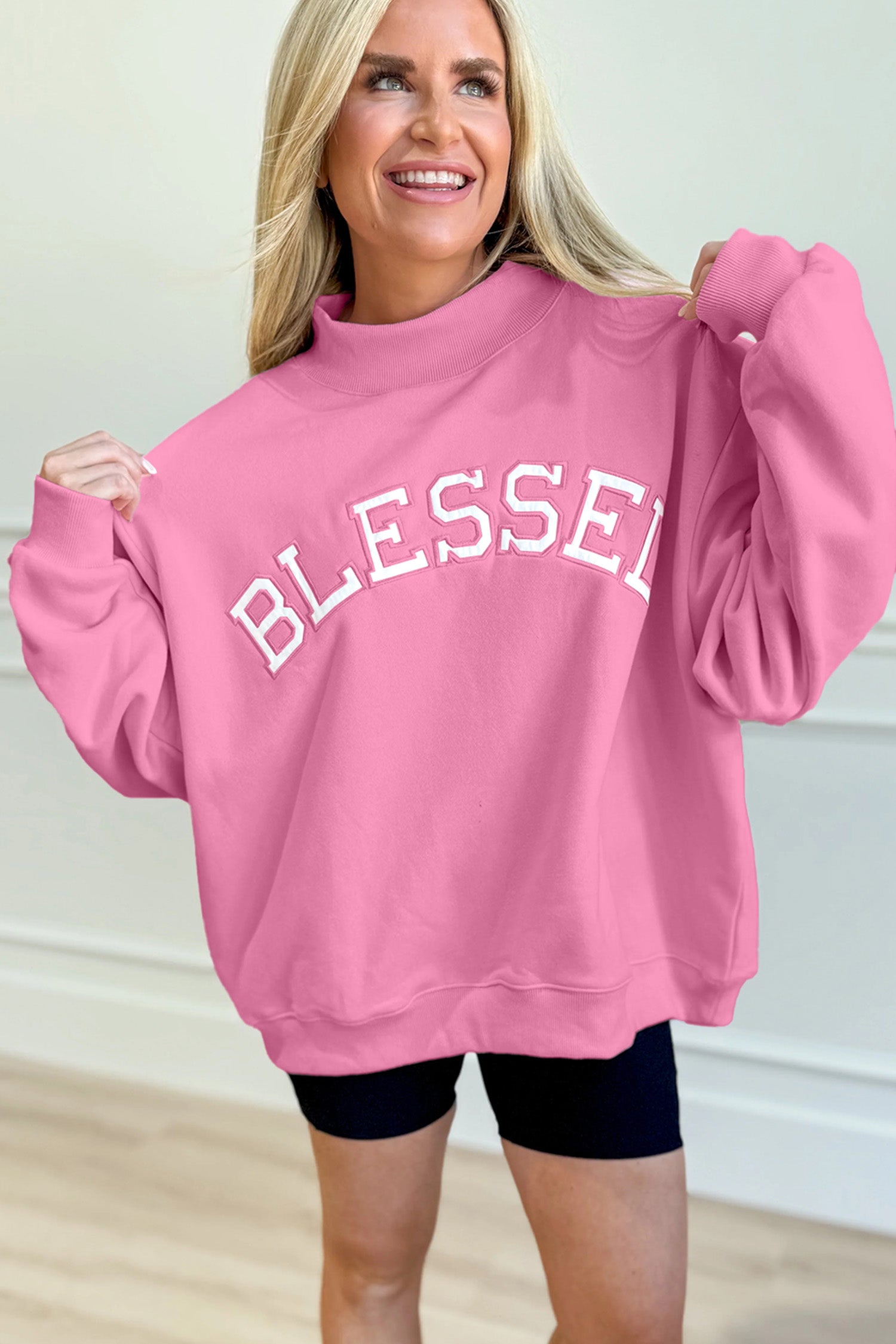 Bright Pink Oversize Blessed Embroidered Mock Neck Sweatshirt - Cowaa