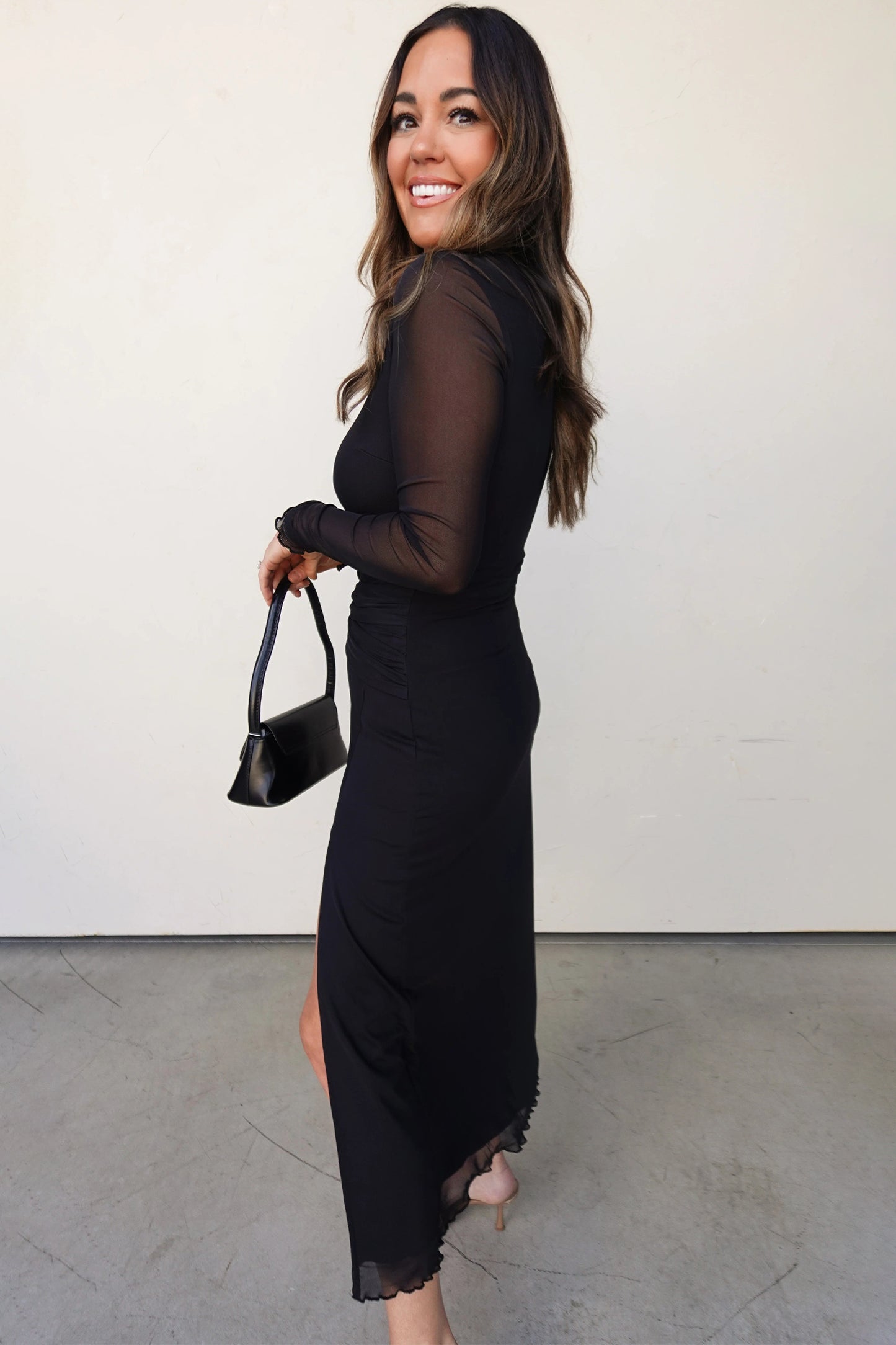 Black Sheer Mesh Long Sleeve Twisted Knot Side Slit Midi Dress.