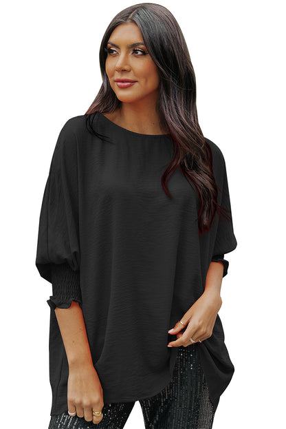 Apricot Solid Casual Smocked Cuffs Batwing Sleeve Blouse - Cowaa