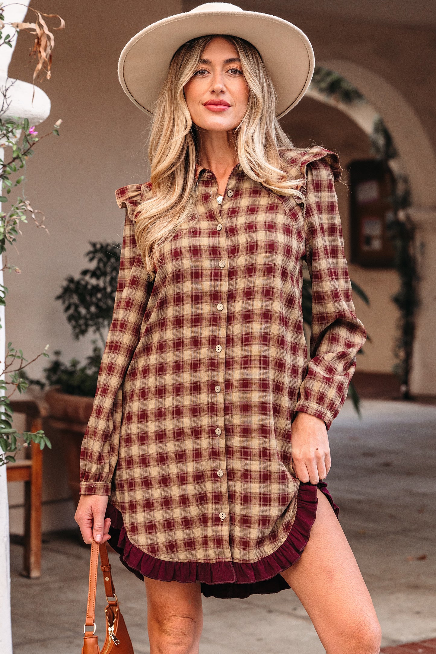 Red Plaid Print Ruffled Long Sleeve Patchwork Hem Mini Shirt Dress - Cowaa
