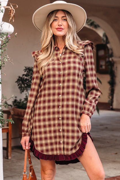 Red Plaid Print Ruffled Long Sleeve Patchwork Hem Mini Shirt Dress - Cowaa