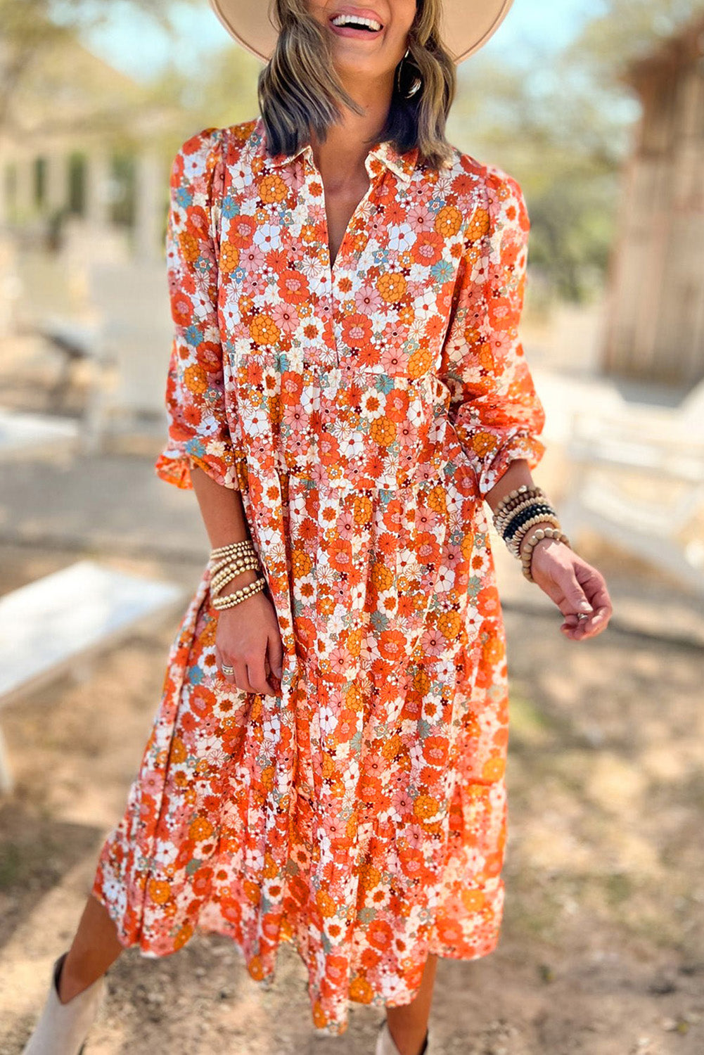 Multicolor Boho Floral Collared Long Sleeve Dress - Cowaa