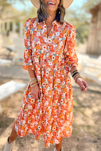 Multicolor Boho Floral Collared Long Sleeve Dress - Cowaa
