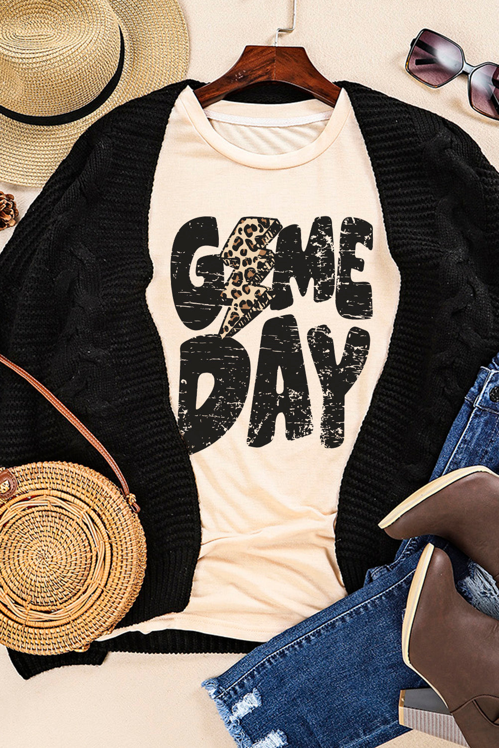 Khaki Game Day Football Season Casual Graphic T Shirt - Cowaa
