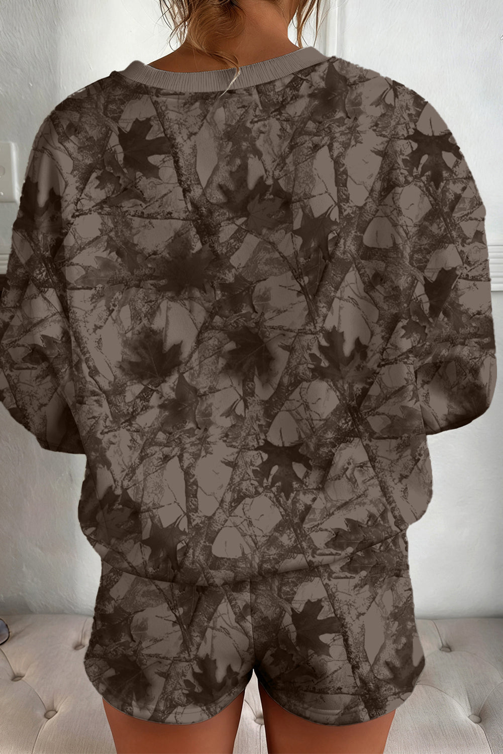 Brown Camouflage Print Round Neck Drop Sleeve Shorts Set - Cowaa
