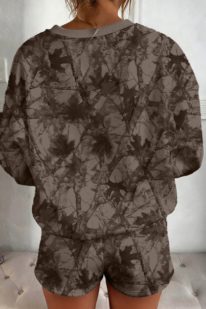 Brown Camouflage Print Round Neck Drop Sleeve Shorts Set - Cowaa