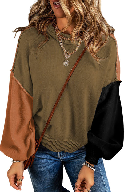 Bishop Sleeve Exposed Seam Ribbed Trim Sweater - Cowaa