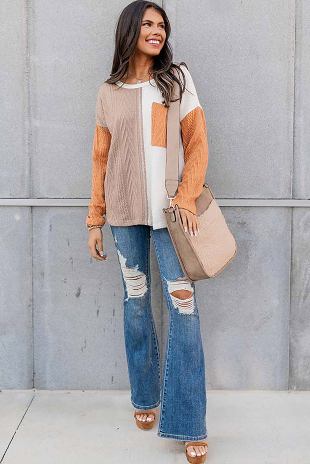 Long Sleeve Colorblock Chest Pocket Textured Knit Top - Cowaa