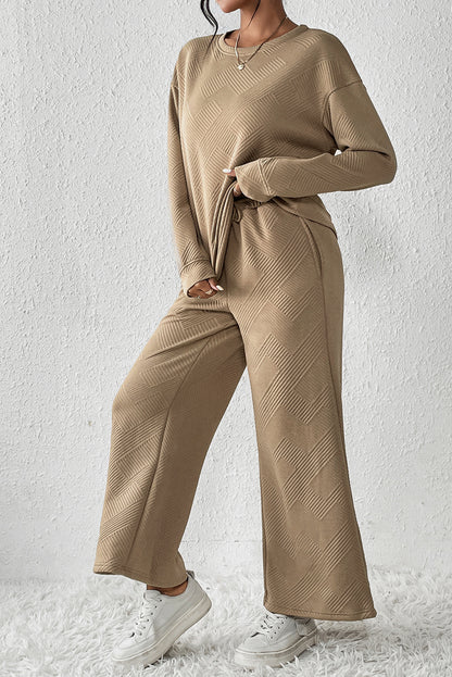 Strawberry Pink Textured Loose Slouchy Long Sleeve Top and Pants Set - Cowaa