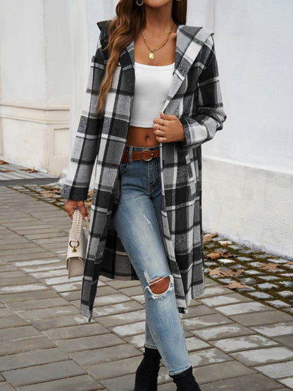 Devine Plaid Long Sleeve Hooded Coat - Cowaa