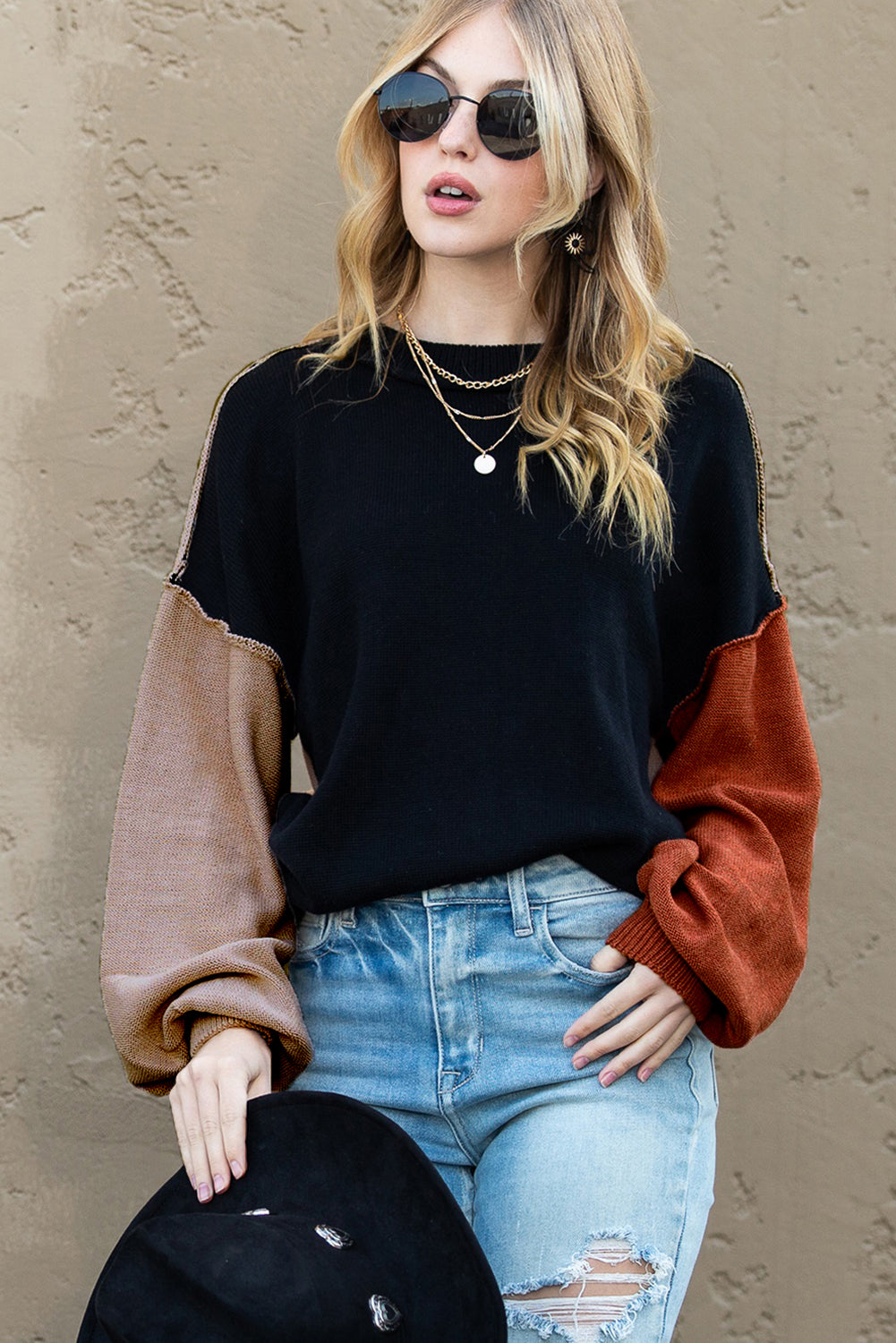 Bishop Sleeve Exposed Seam Ribbed Trim Sweater - Cowaa