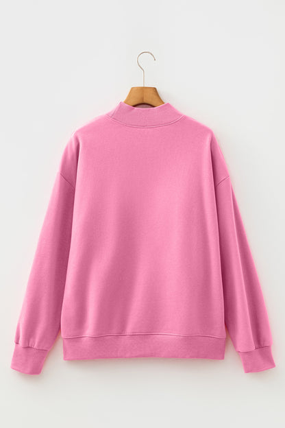 Bright Pink Oversize Blessed Embroidered Mock Neck Sweatshirt - Cowaa