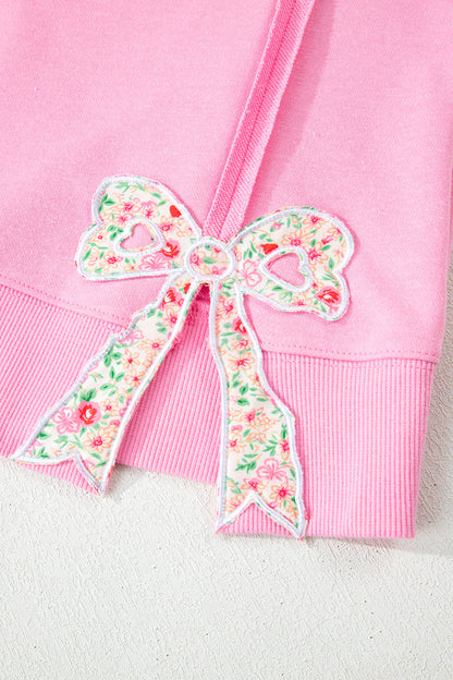 Pink Floral Bow Patched Exposed Seam Patchwork Slit Baggy Sweatshirt - Cowaa