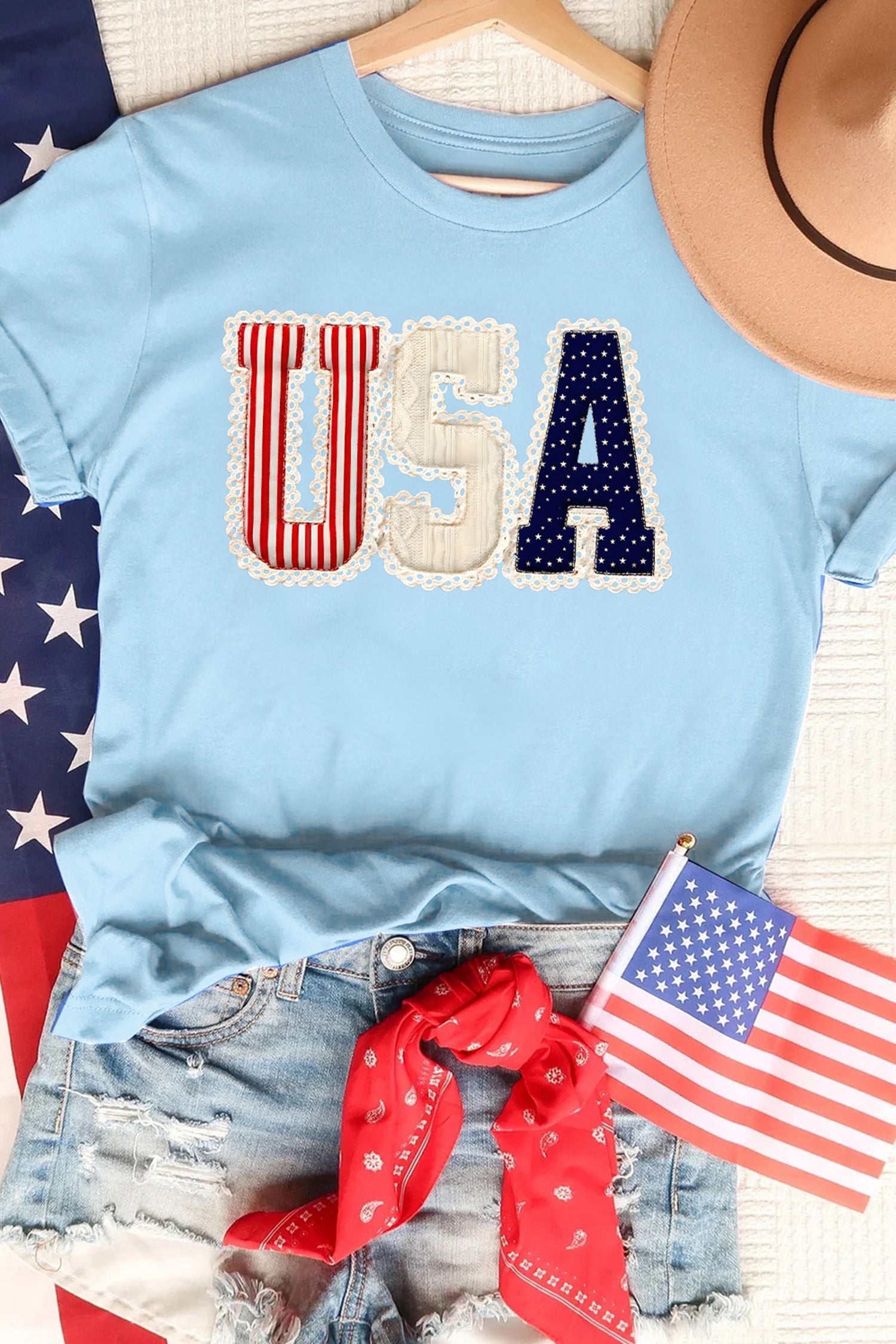 Light Blue USA Patriotic Printed T Shirt - Cowaa