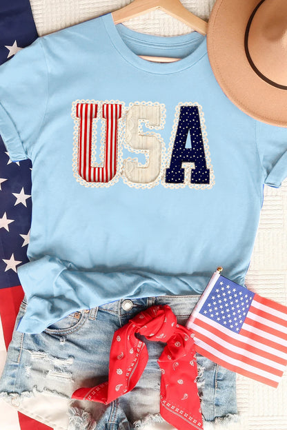 Light Blue USA Patriotic Printed T Shirt - Cowaa