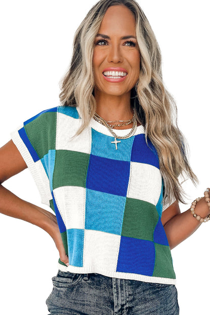 Fiery Red Checkered Color Block Cap Sleeve Knitted Top - Cowaa