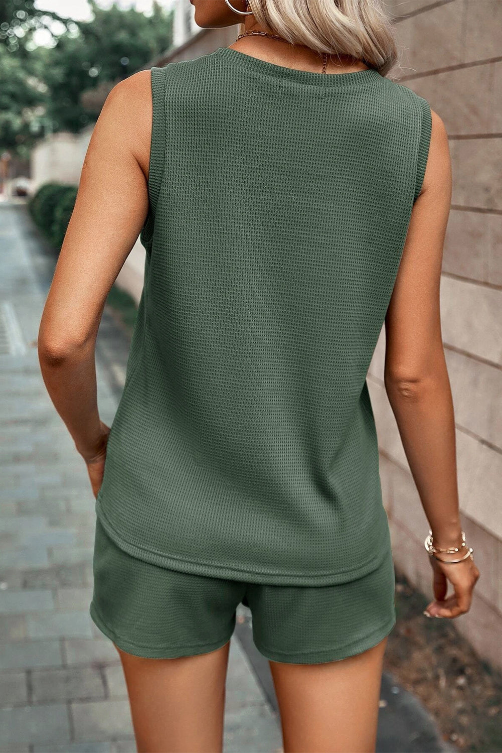 Mist Green Waffle Knit Tank Top & Shorts Set - Cowaa