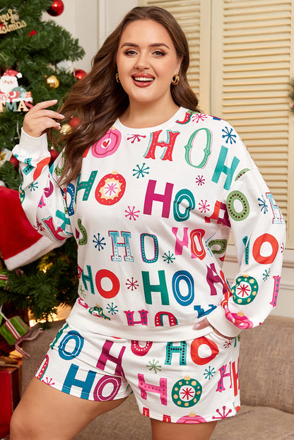 White Plus Size Christmas Ho Ho Ho Print Long Sleeve Top and Shorts 2pc Lounge Set - Cowaa