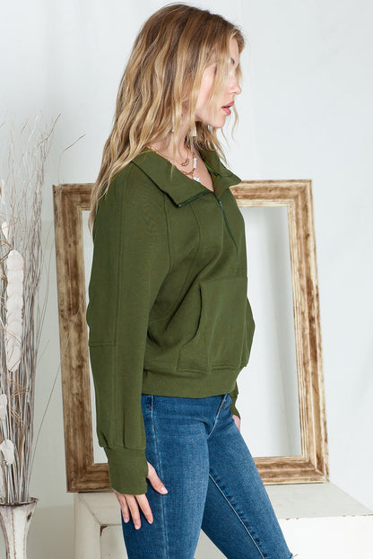 Brown Zip Up Stand Collar Thumbhole Sleeve Sweatshirt - Cowaa
