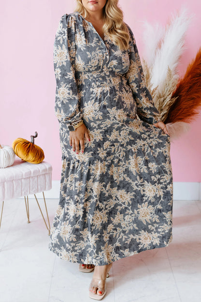 Sky Blue Plus Size Floral Print Split Neck Shirred High Waist Long Sleeve Maxi Dress - Cowaa