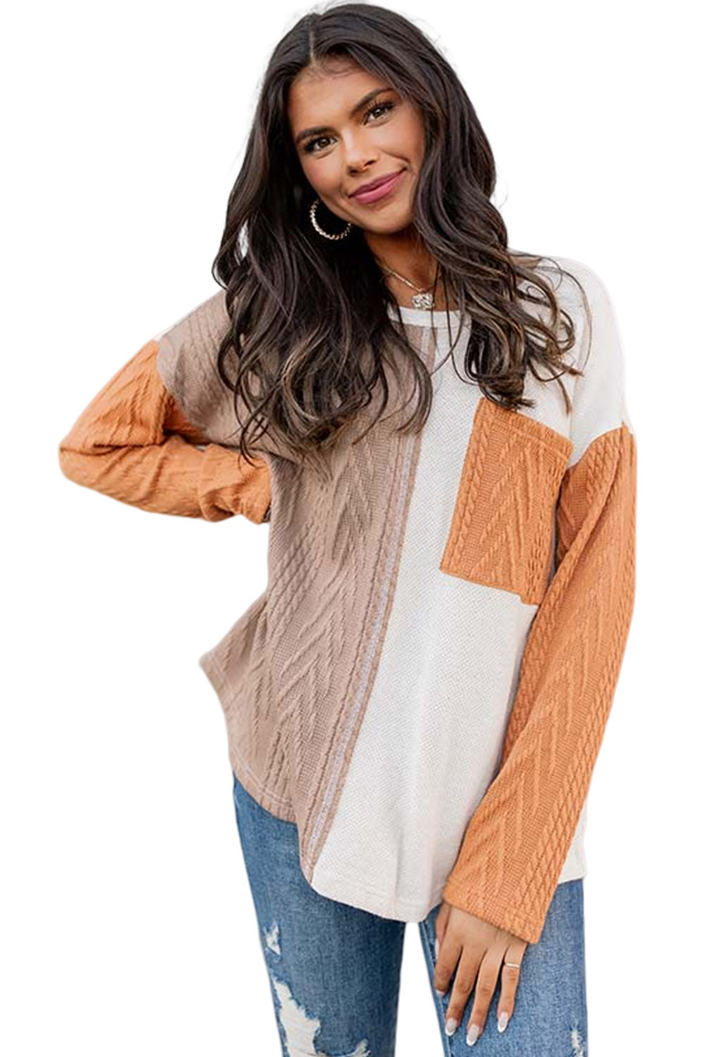 Long Sleeve Colorblock Chest Pocket Textured Knit Top - Cowaa